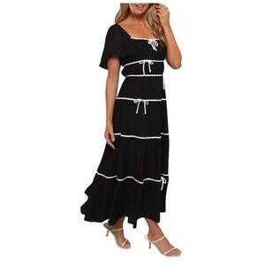 NWT Petal & Pup Harvey Bow Tiered‎ Maxi Dress Black White Size XS Boho Peasant